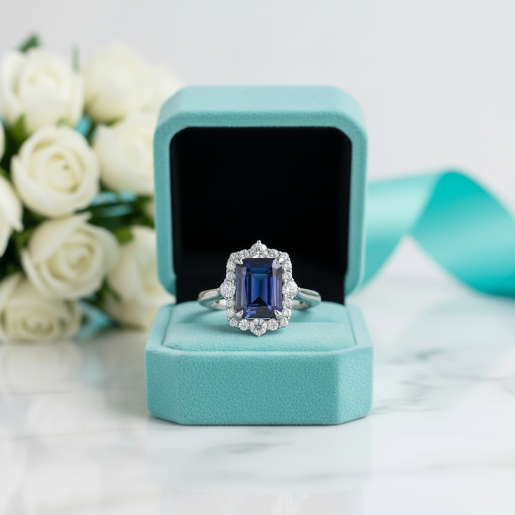 Emerald Cut 3.0 ct Blue Sapphire Engagement Ring with Halo - Evani Naomi Jewelry