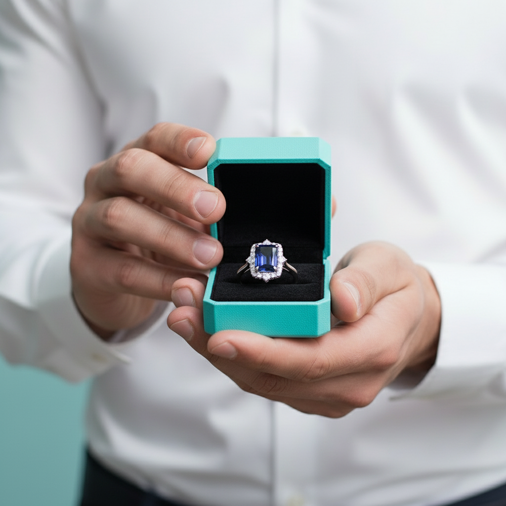 Emerald Cut 3.0 ct Blue Sapphire Engagement Ring with Halo