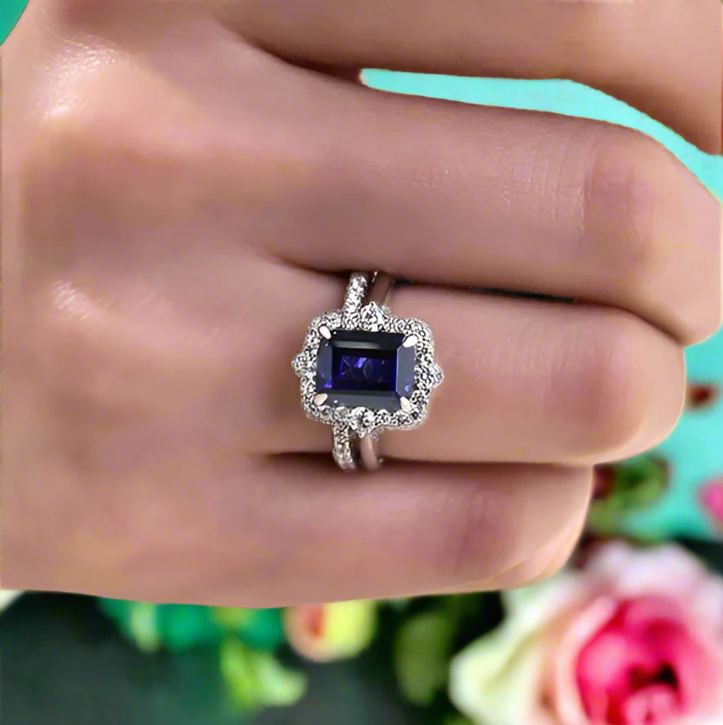 Emerald Cut 3.0ct Blue Sapphire with Halo Bridal Set-Evani Naomi Jewelry