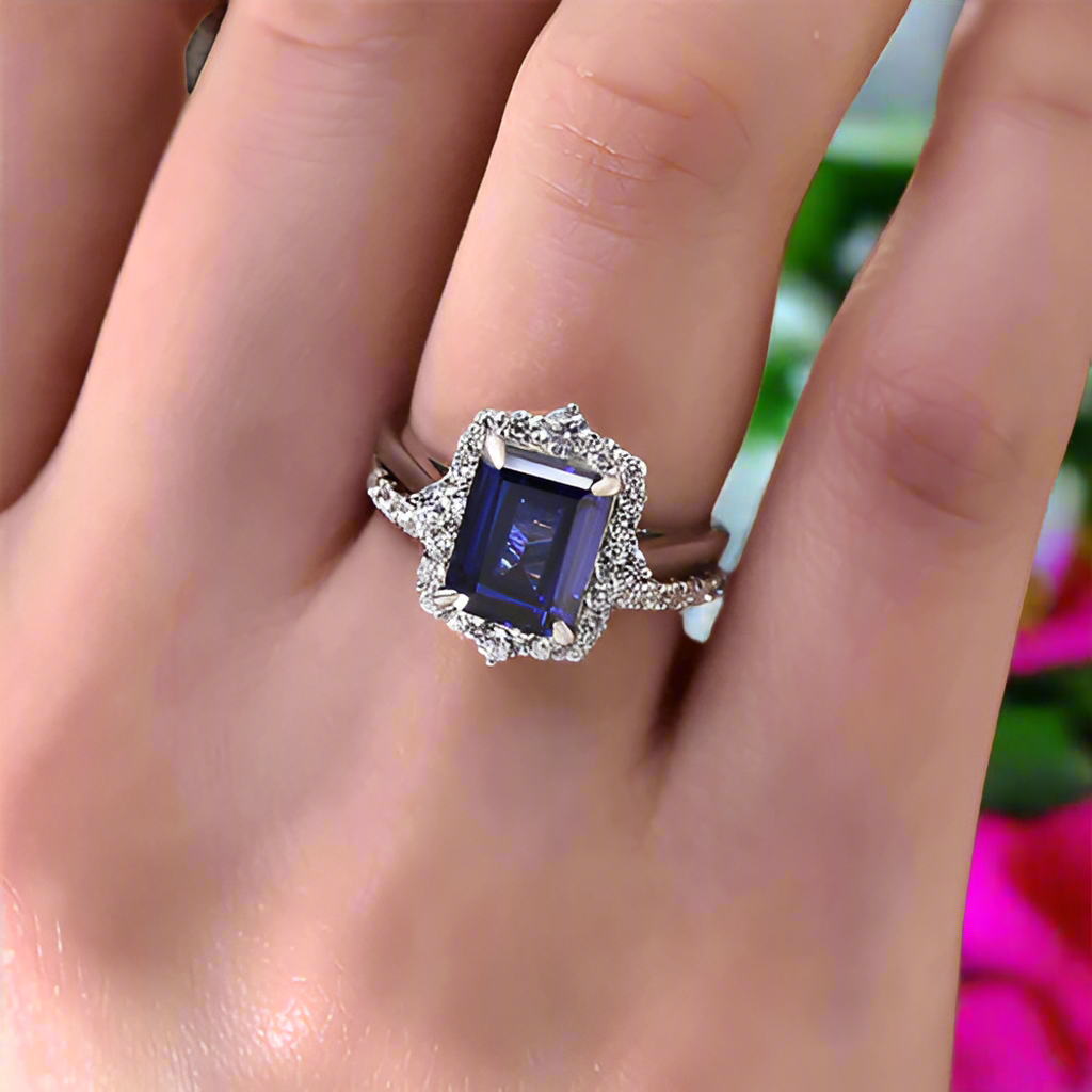 Emerald Cut 3.0ct Blue Sapphire with Halo Bridal Set-Evani Naomi Jewelry