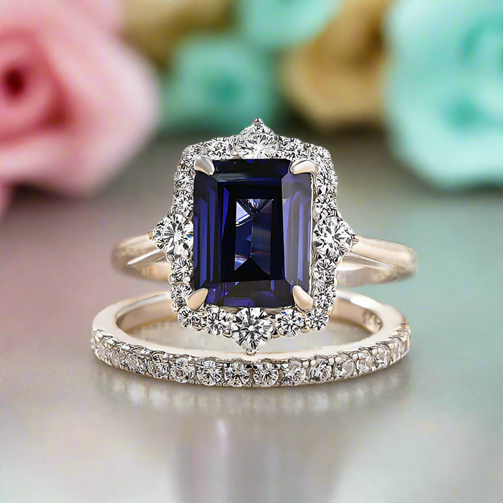 Emerald Cut 3.0ct Blue Sapphire with Halo Bridal Set-Evani Naomi Jewelry