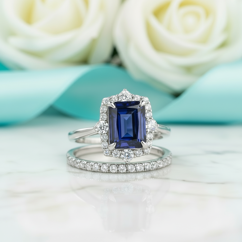 Emerald Cut 3.0ct Blue Sapphire with Halo Bridal Set-Evani Jewelry