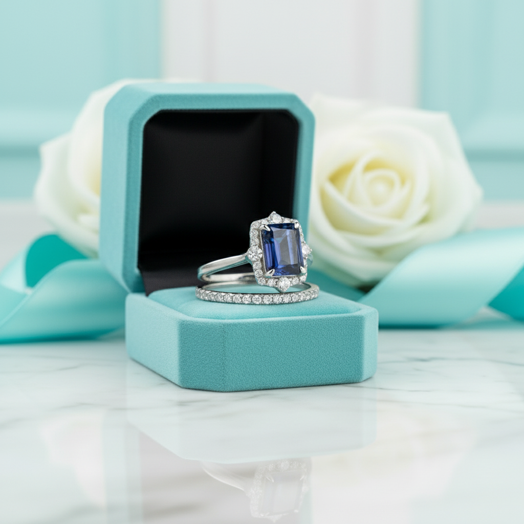 Emerald Cut 3.0ct Blue Sapphire with Halo Bridal Set-Evani Jewelry