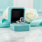 Emerald Cut 3.0ct Blue Sapphire with Halo Bridal Set-Evani Jewelry