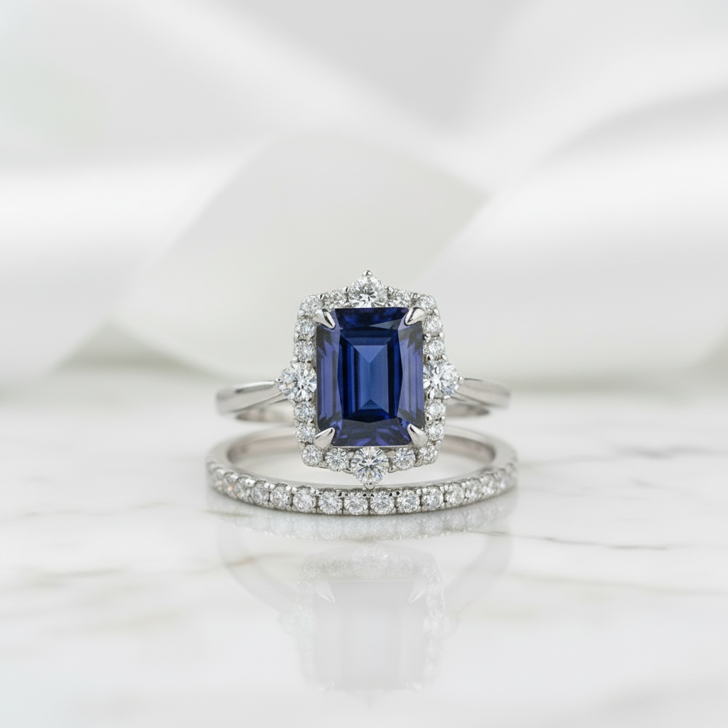 Emerald Cut 3.0ct Blue Sapphire with Halo Bridal Set-Evani Jewelry