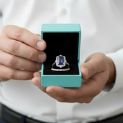 Emerald Cut 3.0ct Blue Sapphire with Halo Bridal Set-Evani Jewelry