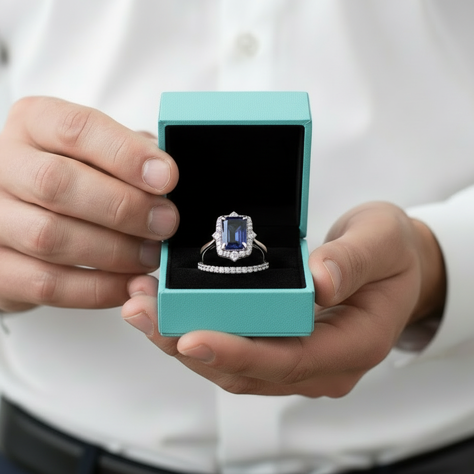 Emerald Cut 3.0ct Blue Sapphire with Halo Bridal Set-Evani Jewelry