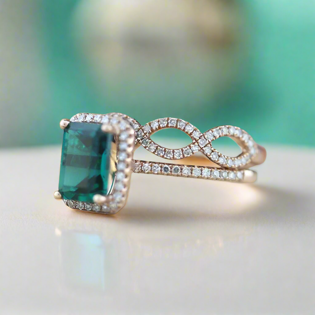 Emerald Cut Green Diamond 14K Rose Gold Wedding Ring Set-Evani Jewelry