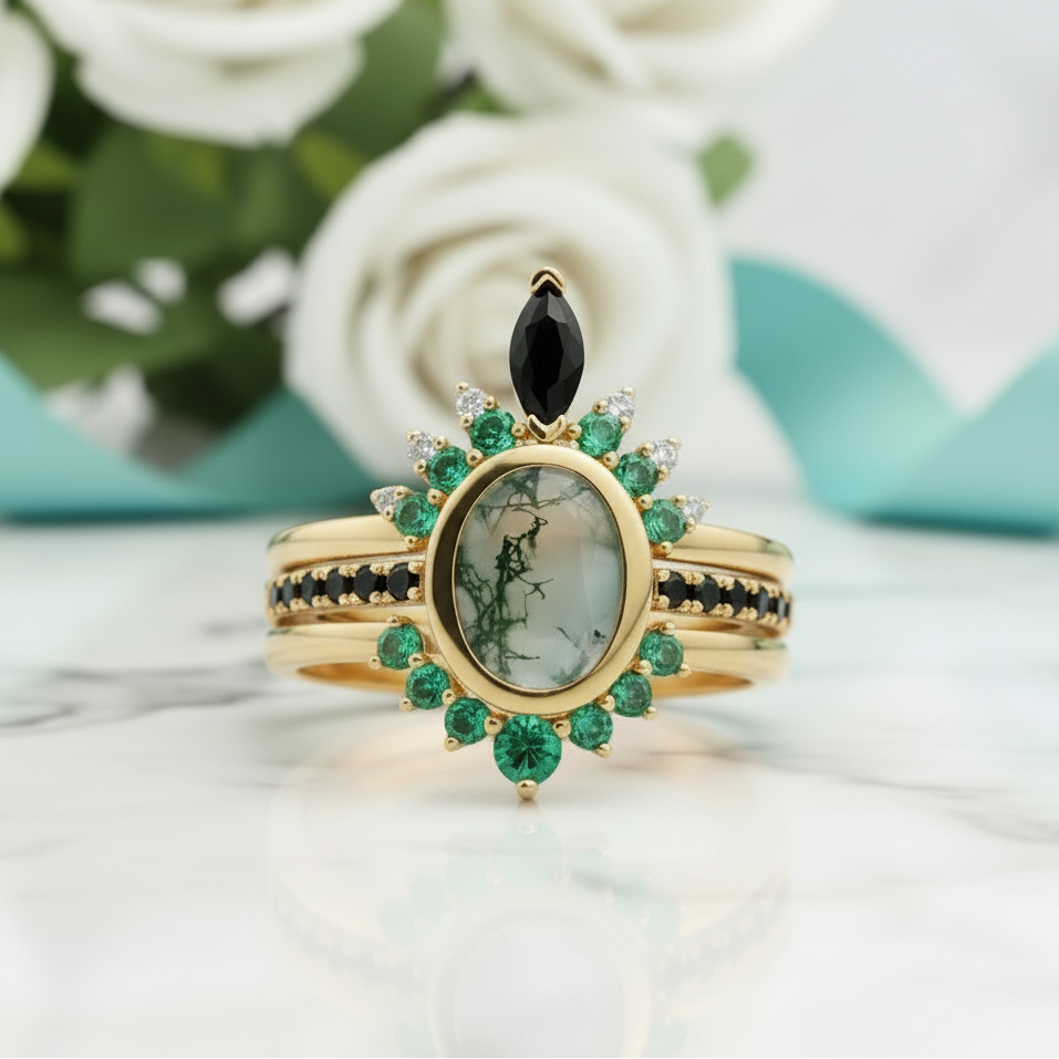Emerald Dawn – Round-cut Moss Agate & Onyx Sunburst Ring-Evani Jewelry