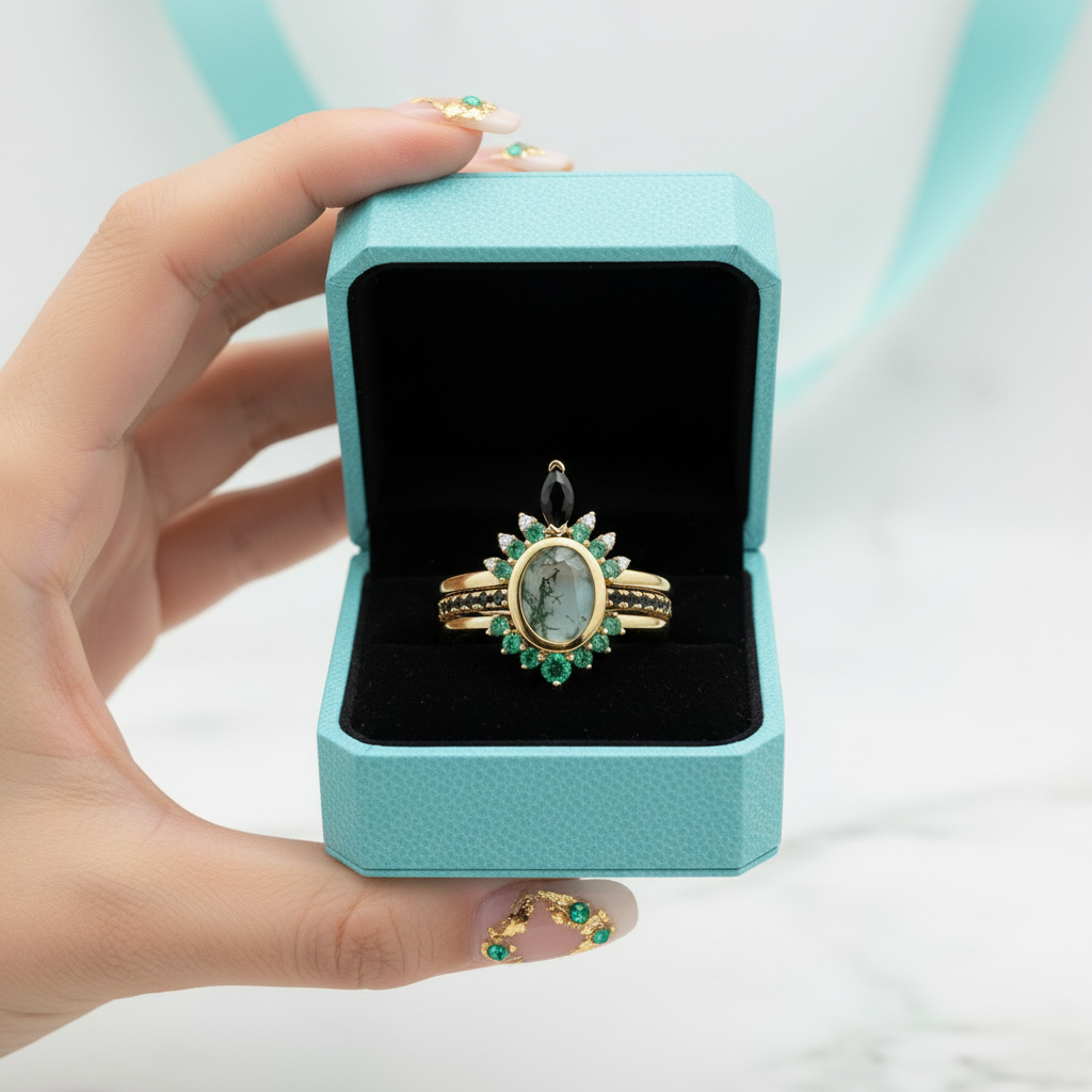 Emerald Dawn – Round-cut Moss Agate & Onyx Sunburst Ring - Evani Naomi Jewelry