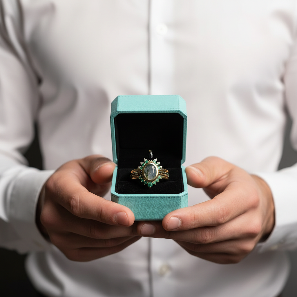 Emerald Dawn – Round-cut Moss Agate & Onyx Sunburst Ring