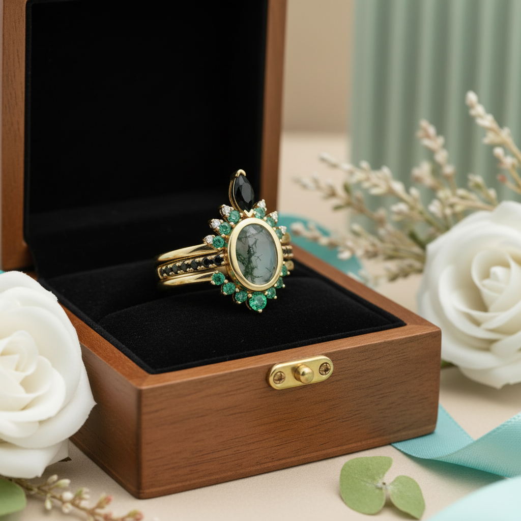 Emerald Dawn – Round-cut Moss Agate & Onyx Sunburst Ring