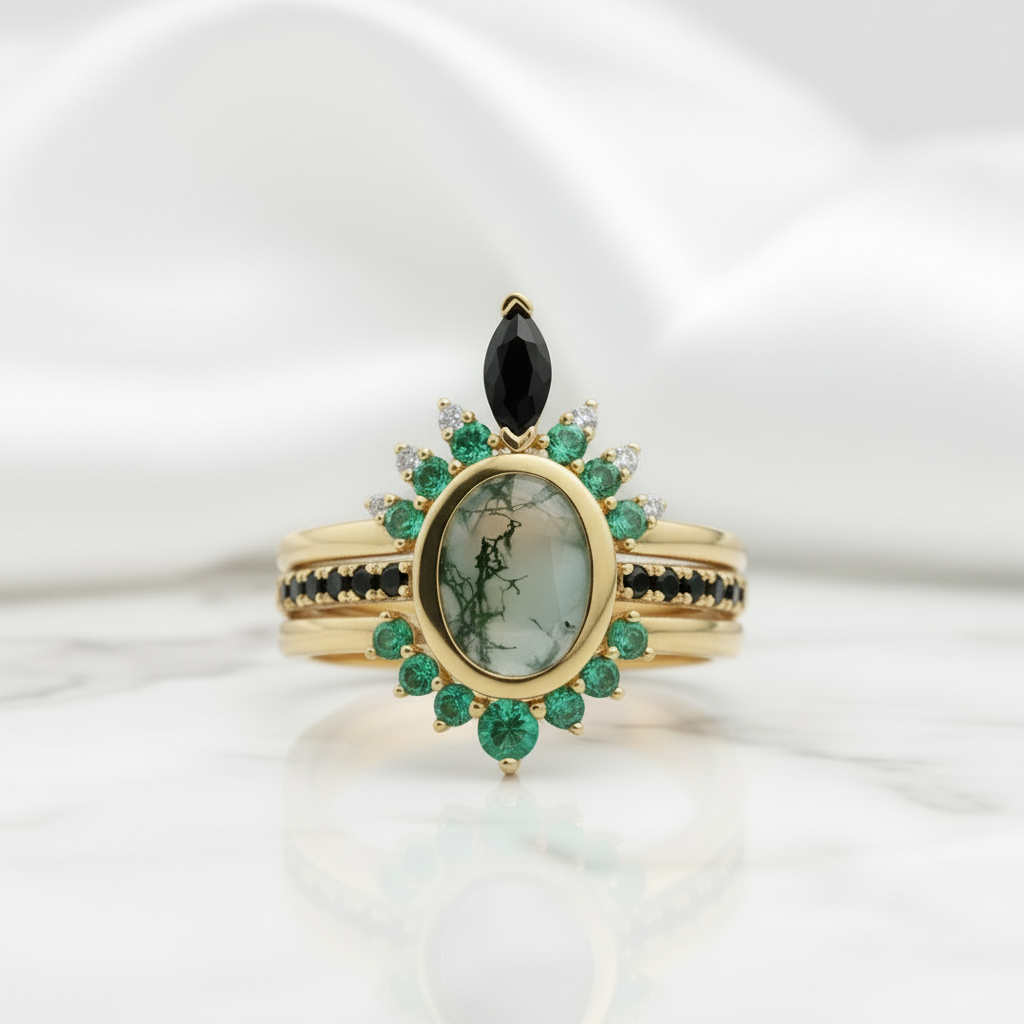 Emerald Dawn – Round-cut Moss Agate & Onyx Sunburst Ring - Evani Naomi Jewelry
