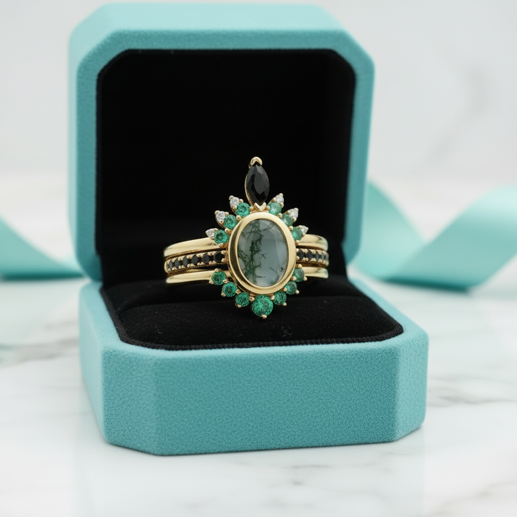 Emerald Dawn – Round-cut Moss Agate & Onyx Sunburst Ring - Evani Naomi Jewelry