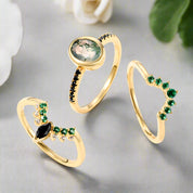 Emerald Dawn – Round-cut Moss Agate & Onyx Sunburst Ring-Evani Naomi Jewelry