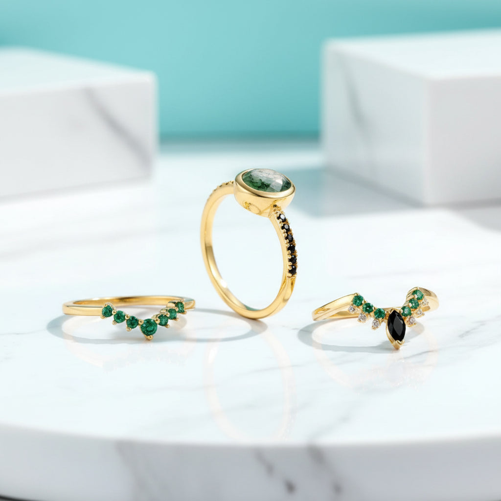 Emerald Dawn – Round-cut Moss Agate & Onyx Sunburst Ring-Evani Jewelry