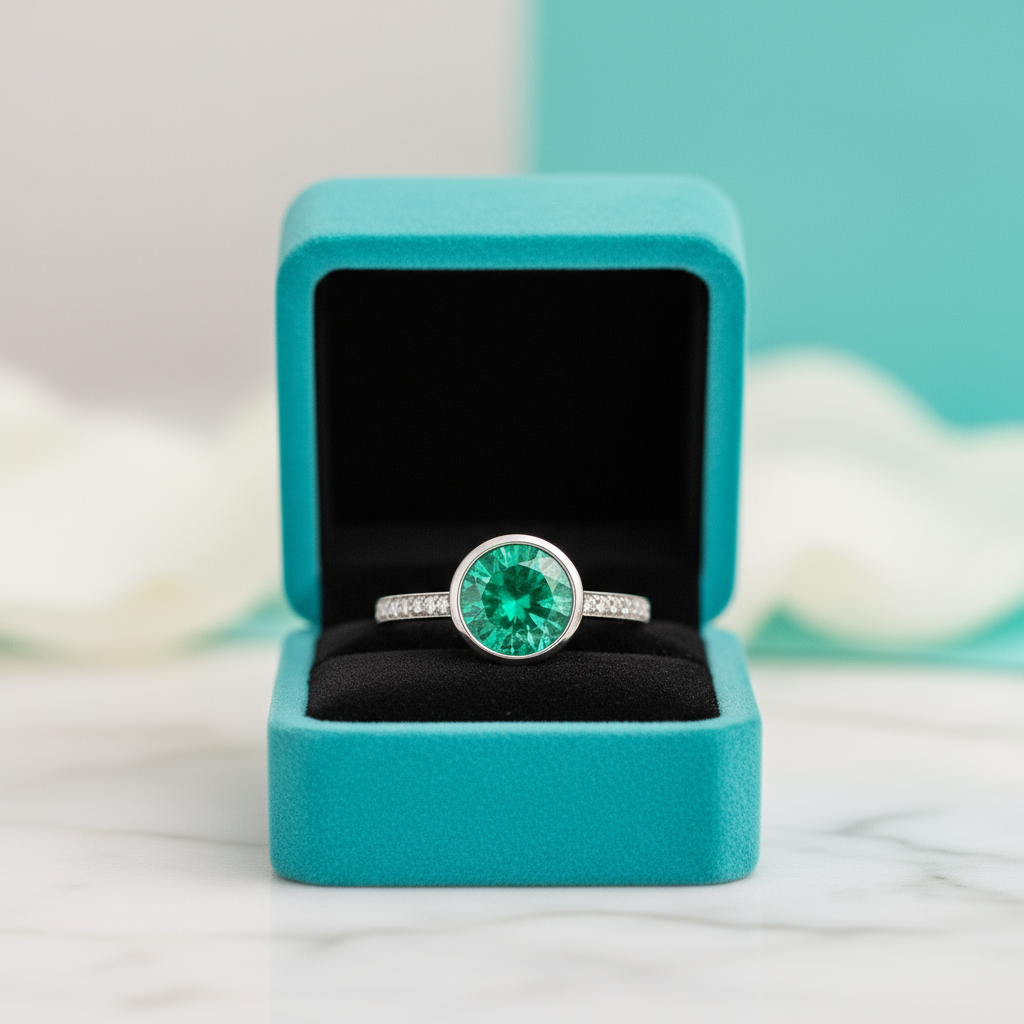 4.0 ct Round Brilliant Cut Emerald 14K White Gold Engagement Ring