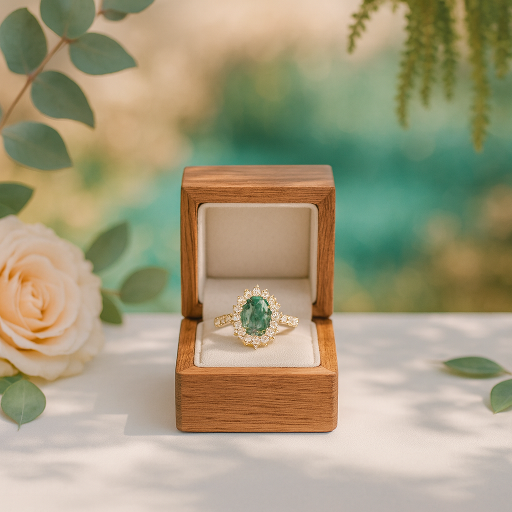 Emerald ring in a wooden box with a blurred natural background