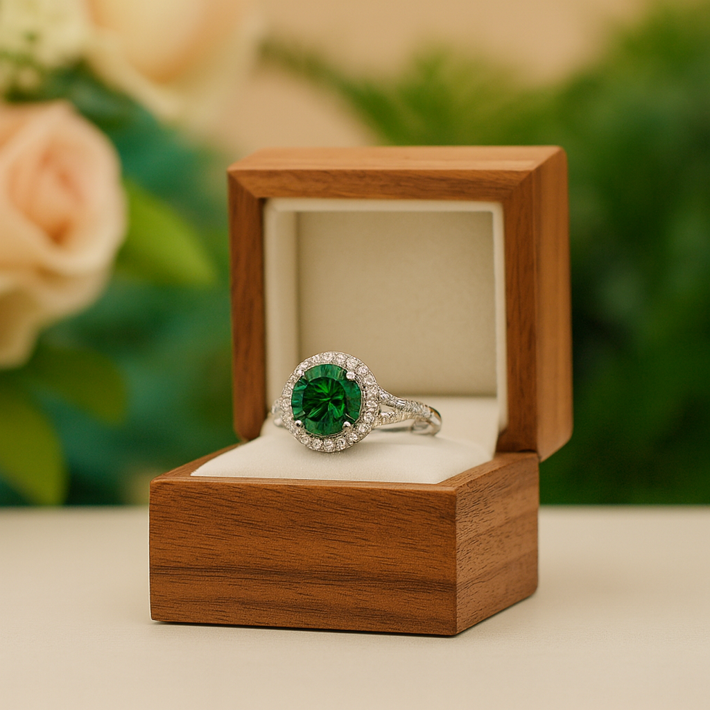 Emerald ring in a wooden box with a floral background