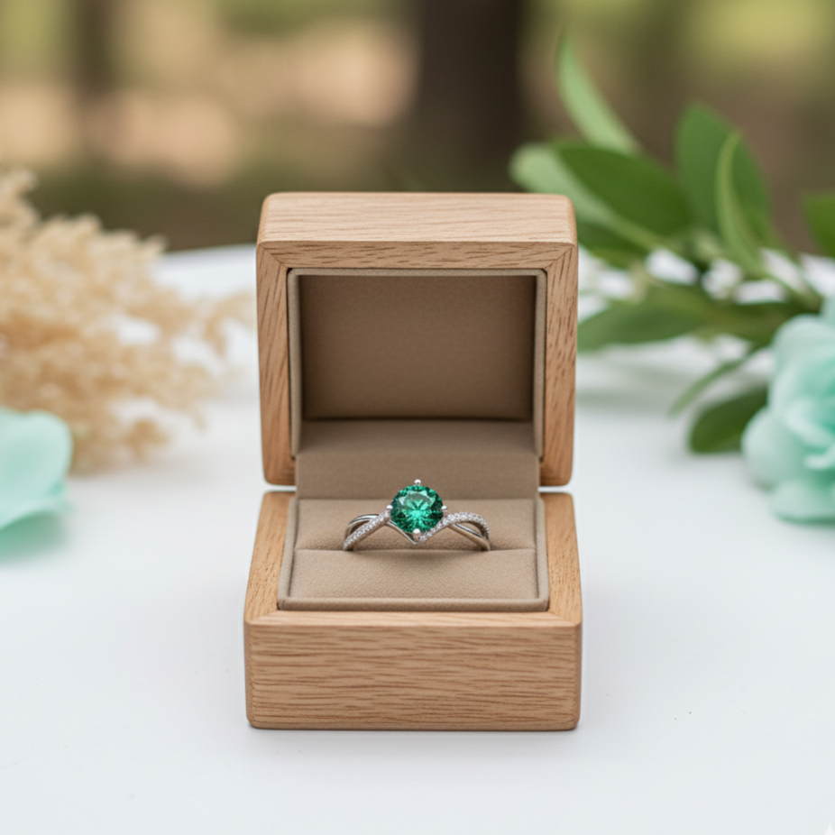 Emerald ring in a wooden box with a natural background