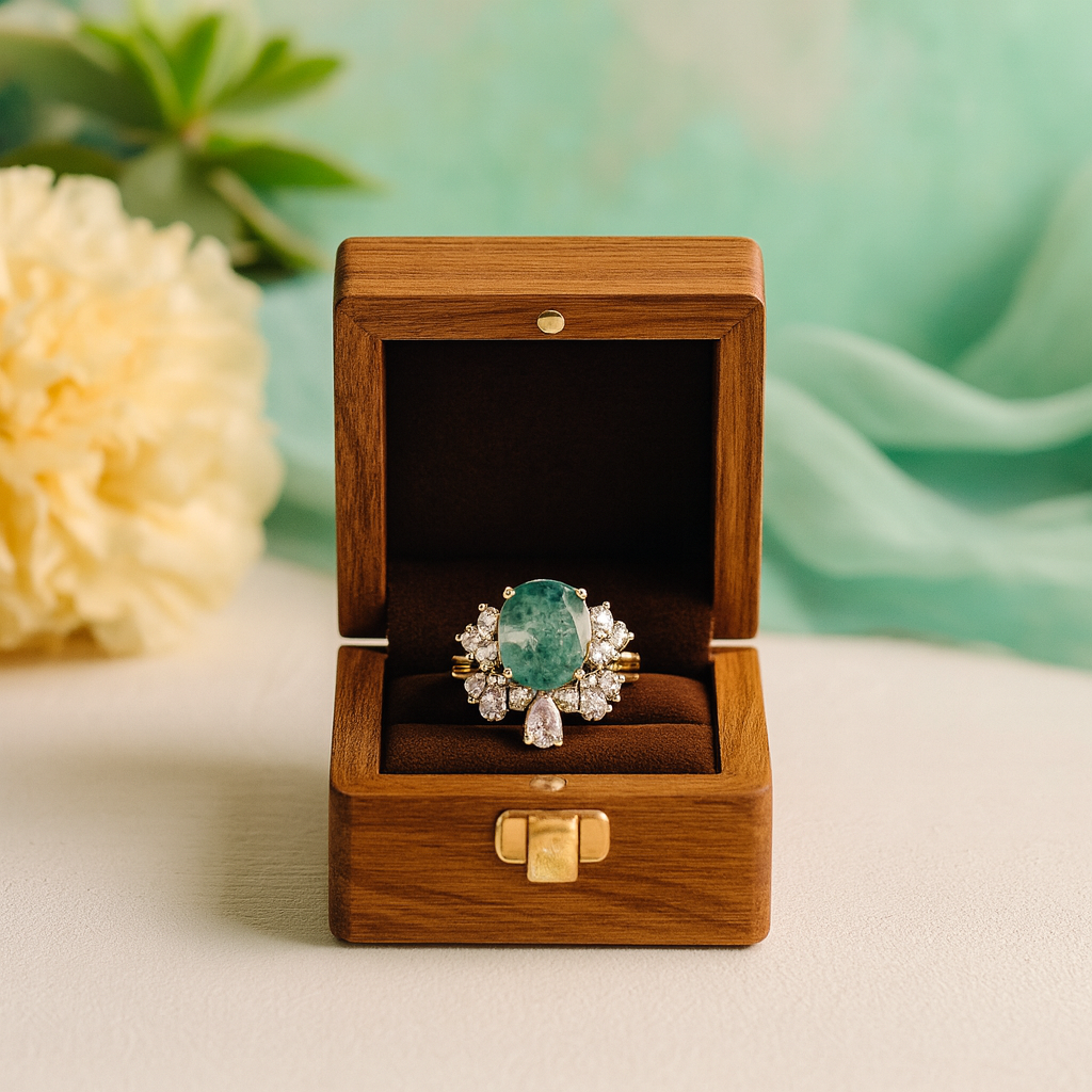 Emerald ring in a wooden box with a soft background