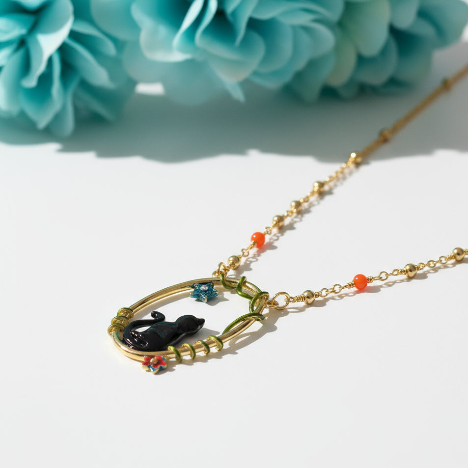 Enamel Black Cat Copal Necklace-Evani Jewelry