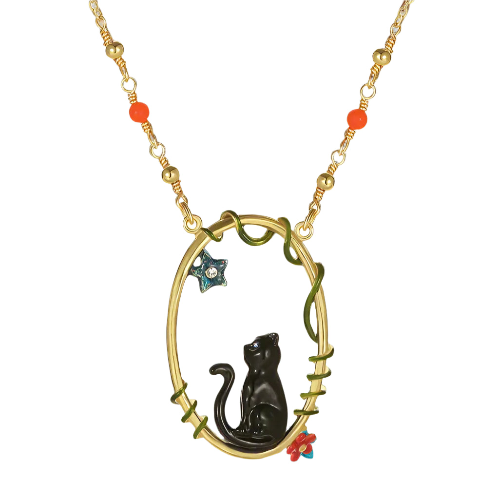 Enamel Black Cat Copal Necklace-Evani Naomi Jewelry