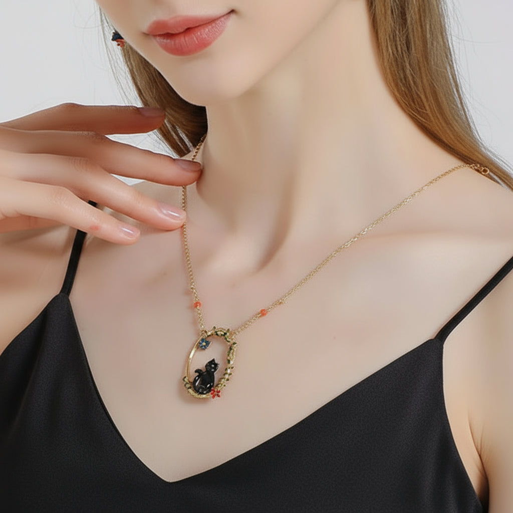 Enamel Black Cat Copal Necklace-Evani Jewelry