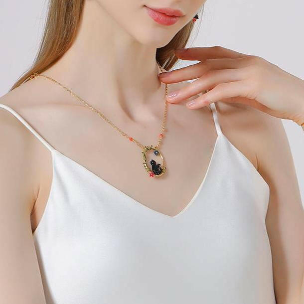 Enamel Black Cat Copal Necklace-Evani Naomi Jewelry