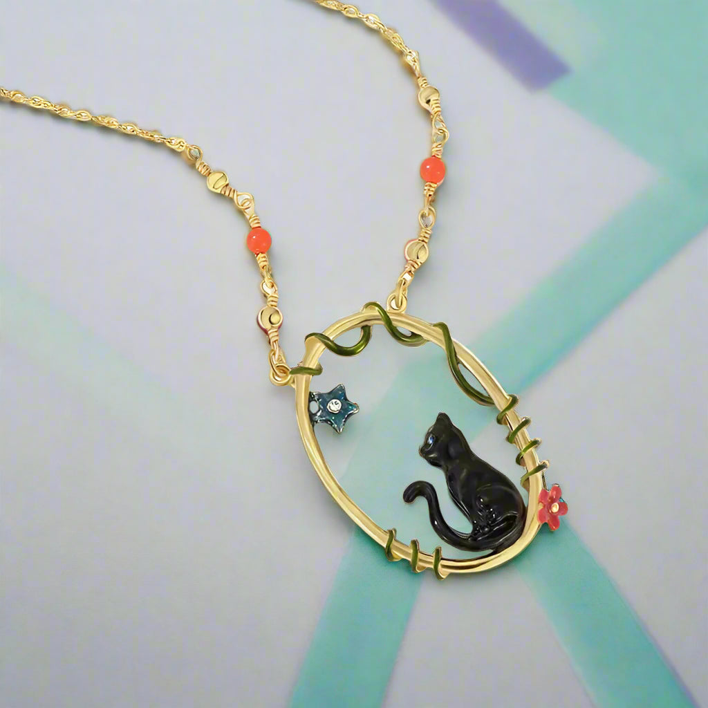 Enamel Black Cat Copal Necklace-Evani Naomi Jewelry