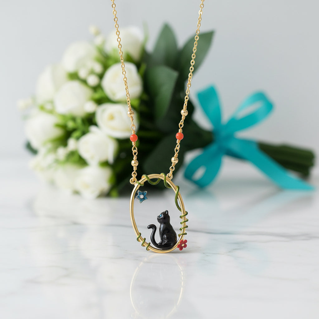 Enamel Black Cat Copal Necklace-Evani Jewelry