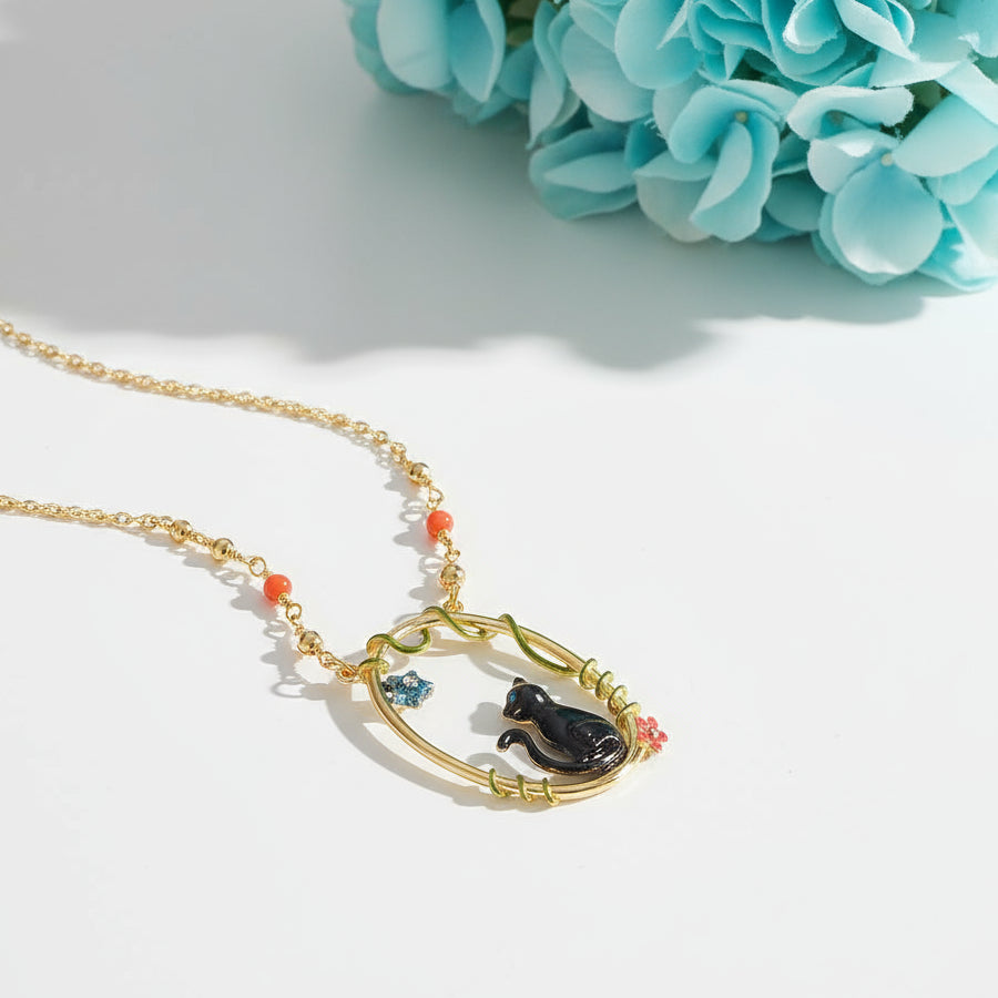 Enamel Black Cat Copal Necklace-Evani Jewelry