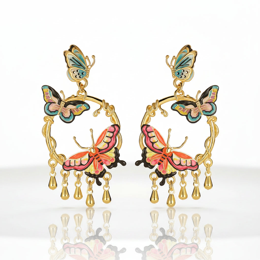 Enamel Butterfly Tassel Earrings-Evani Jewelry