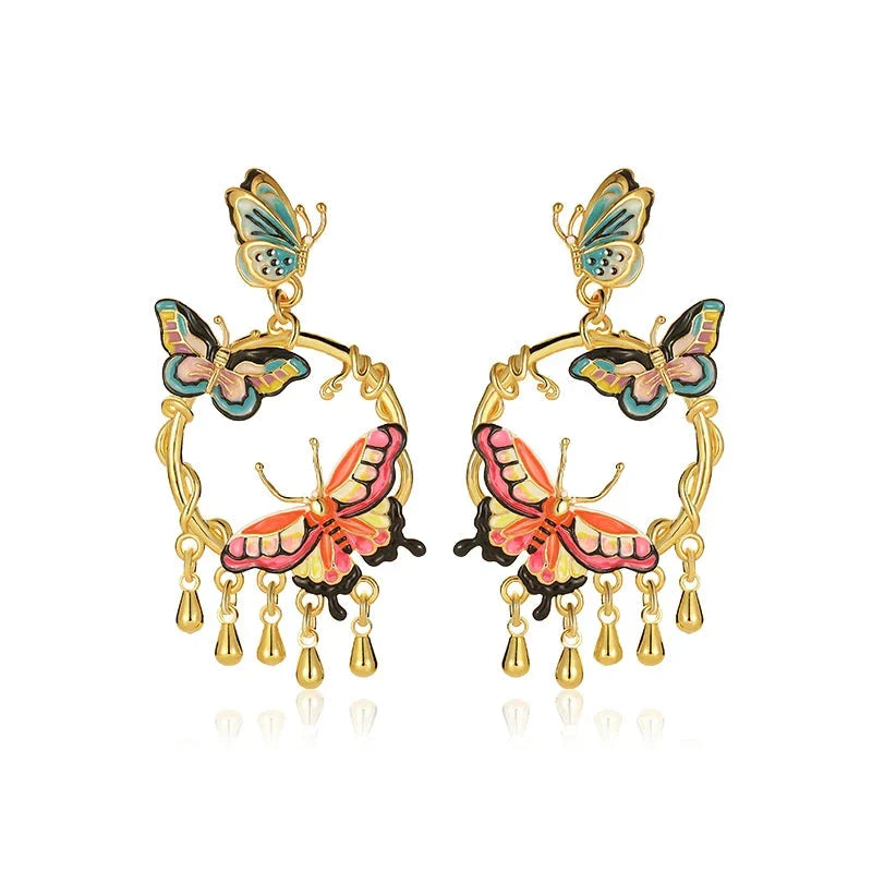 Enamel Butterfly Tassel Earrings-Evani Naomi Jewelry