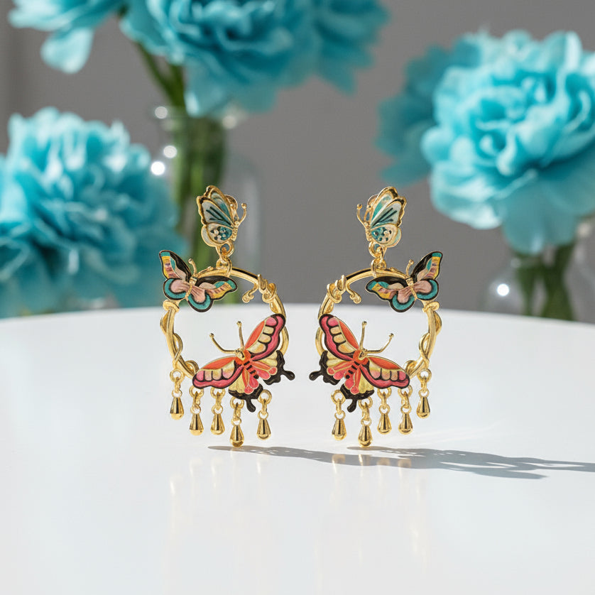 Enamel Butterfly Tassel Earrings-Evani Naomi Jewelry