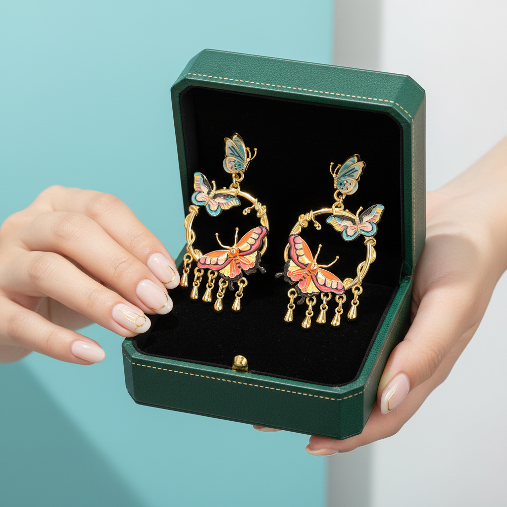 Enamel Butterfly Tassel Earrings