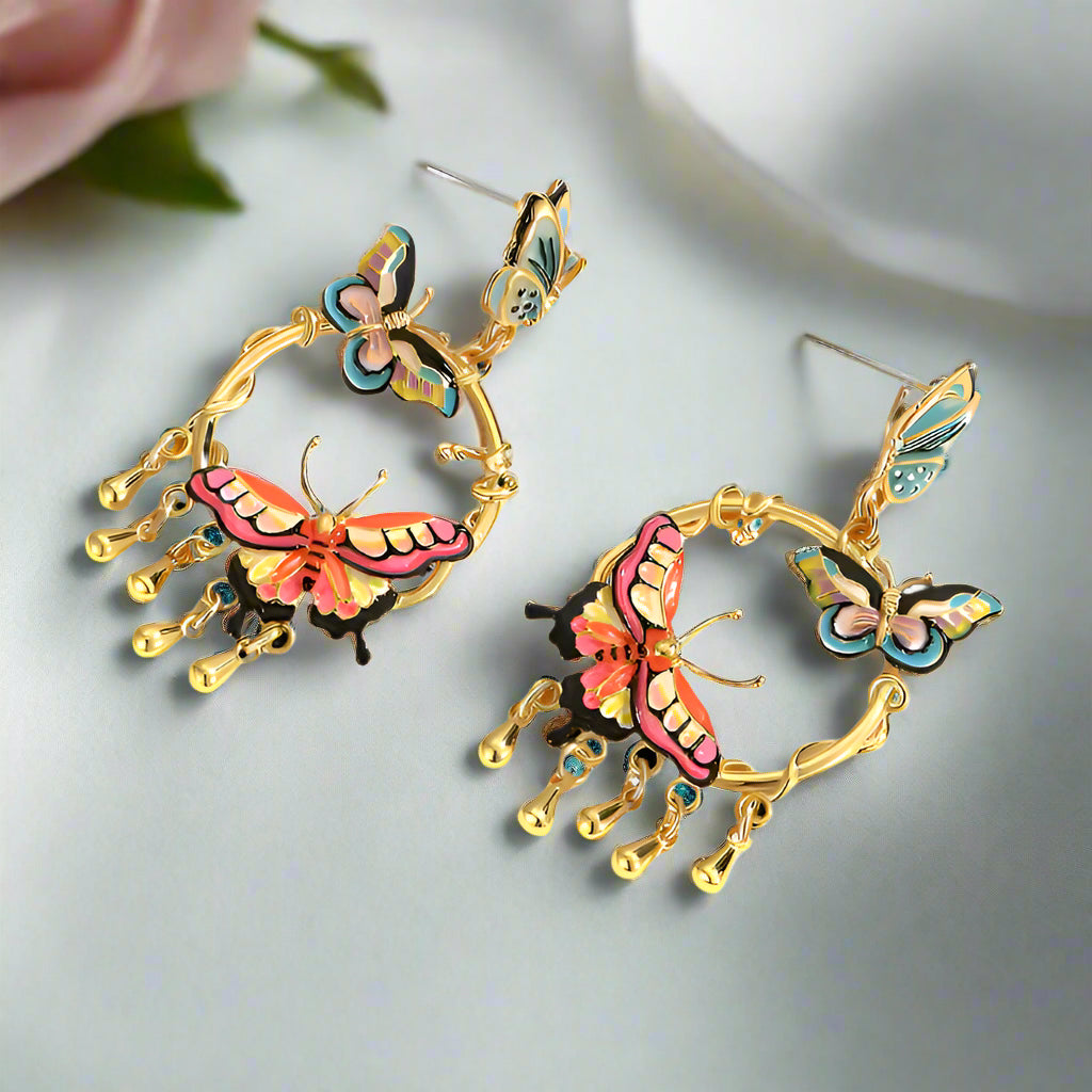 Enamel Butterfly Tassel Earrings-Evani Naomi Jewelry