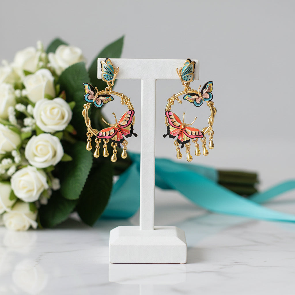 Enamel Butterfly Tassel Earrings-Evani Jewelry