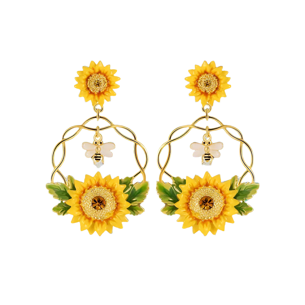 Enamel Diamond Bee and Sunflower Earrings-Evani Naomi Jewelry