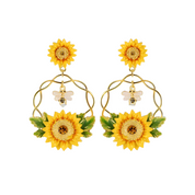 Enamel Diamond Bee and Sunflower Earrings-Evani Naomi Jewelry