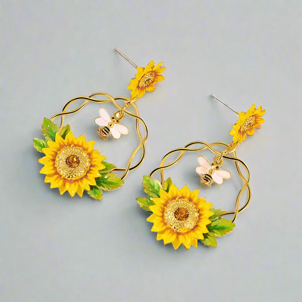 Enamel Diamond Bee and Sunflower Earrings-Evani Naomi Jewelry