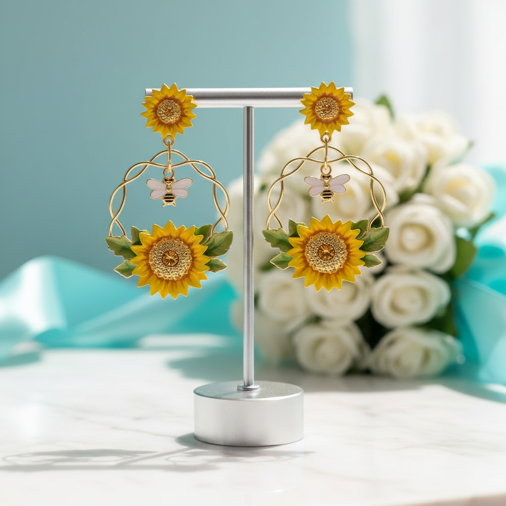 Enamel Bee and Sunflower Topaz Earrings