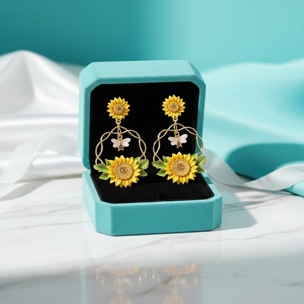 Enamel Bee and Sunflower Topaz Earrings