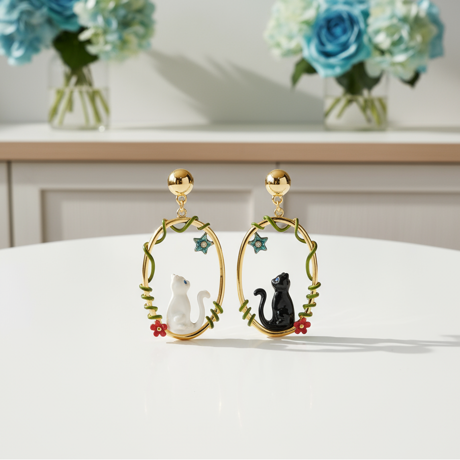 Enamel Diamond Black and White Cat Earrings-Evani Naomi Jewelry