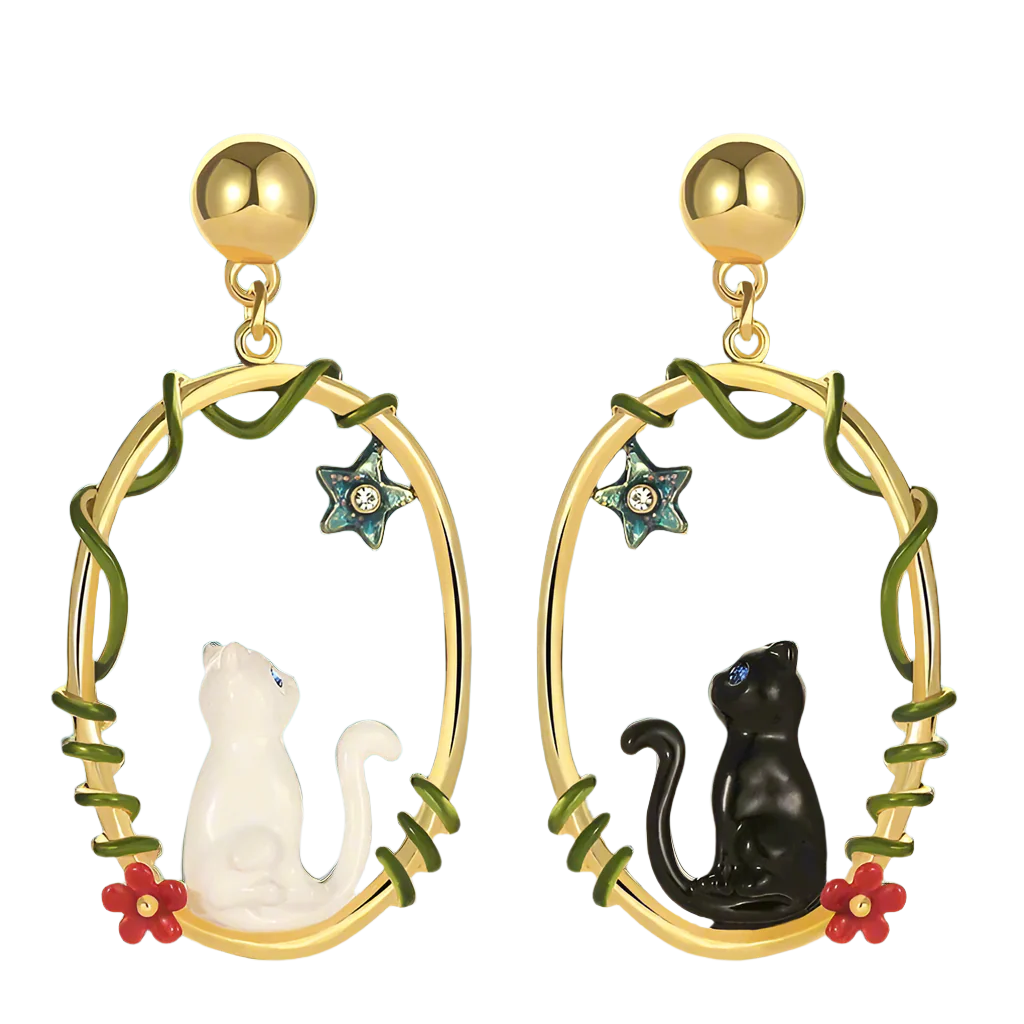 Enamel Diamond Black and White Cat Earrings-Evani Naomi Jewelry