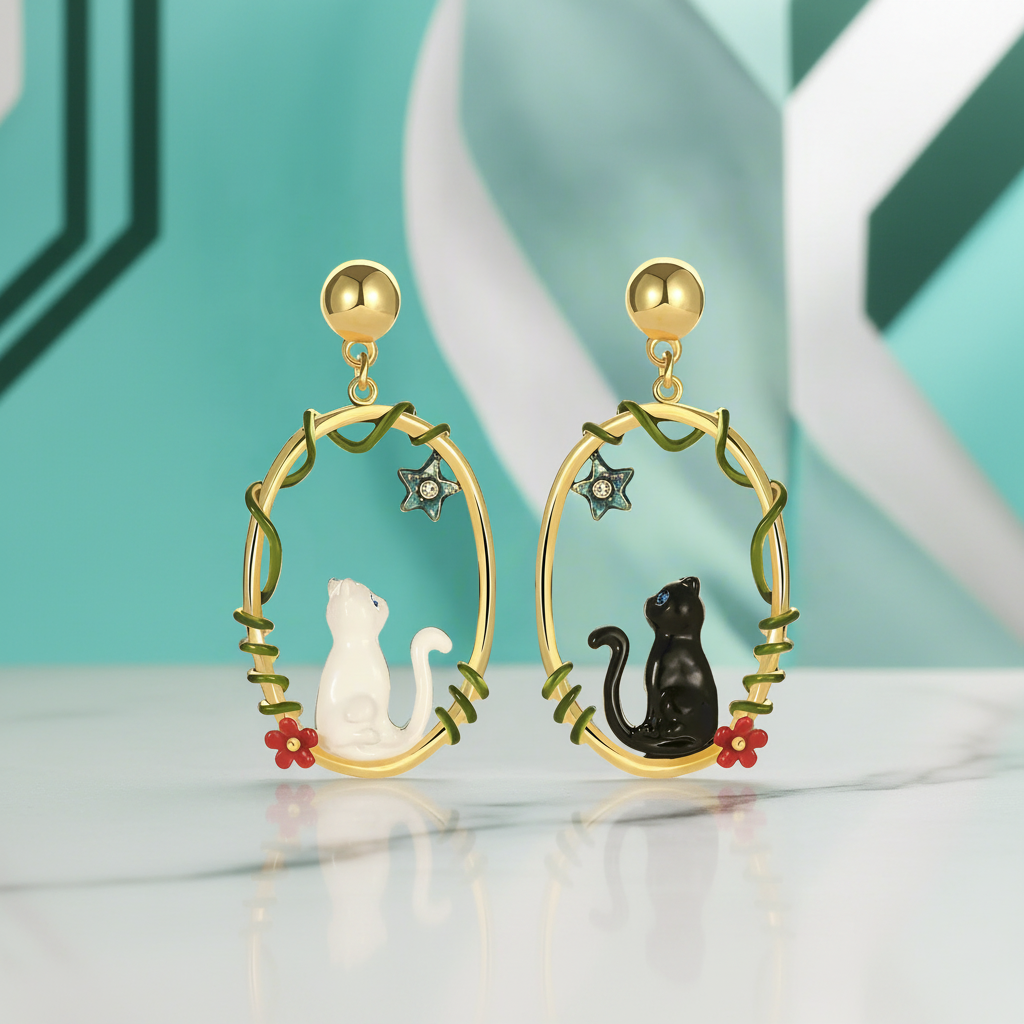 Enamel Diamond Black and White Cat Earrings-Evani Jewelry