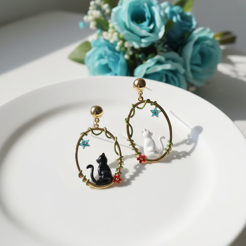 Enamel Diamond Black and White Cat Earrings-Evani Naomi Jewelry