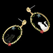 Enamel Diamond Black and White Cat Earrings-Evani Naomi Jewelry