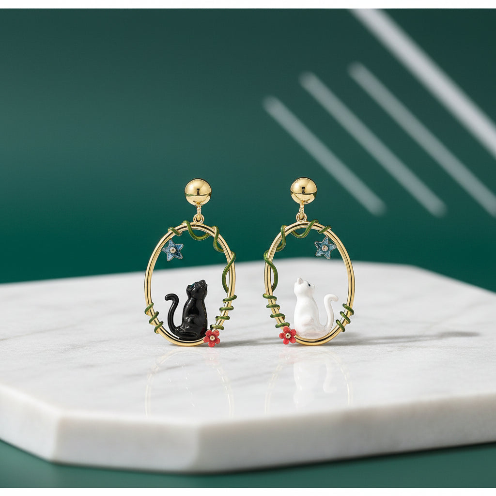 Enamel Diamond Black and White Cat Earrings-Evani Jewelry
