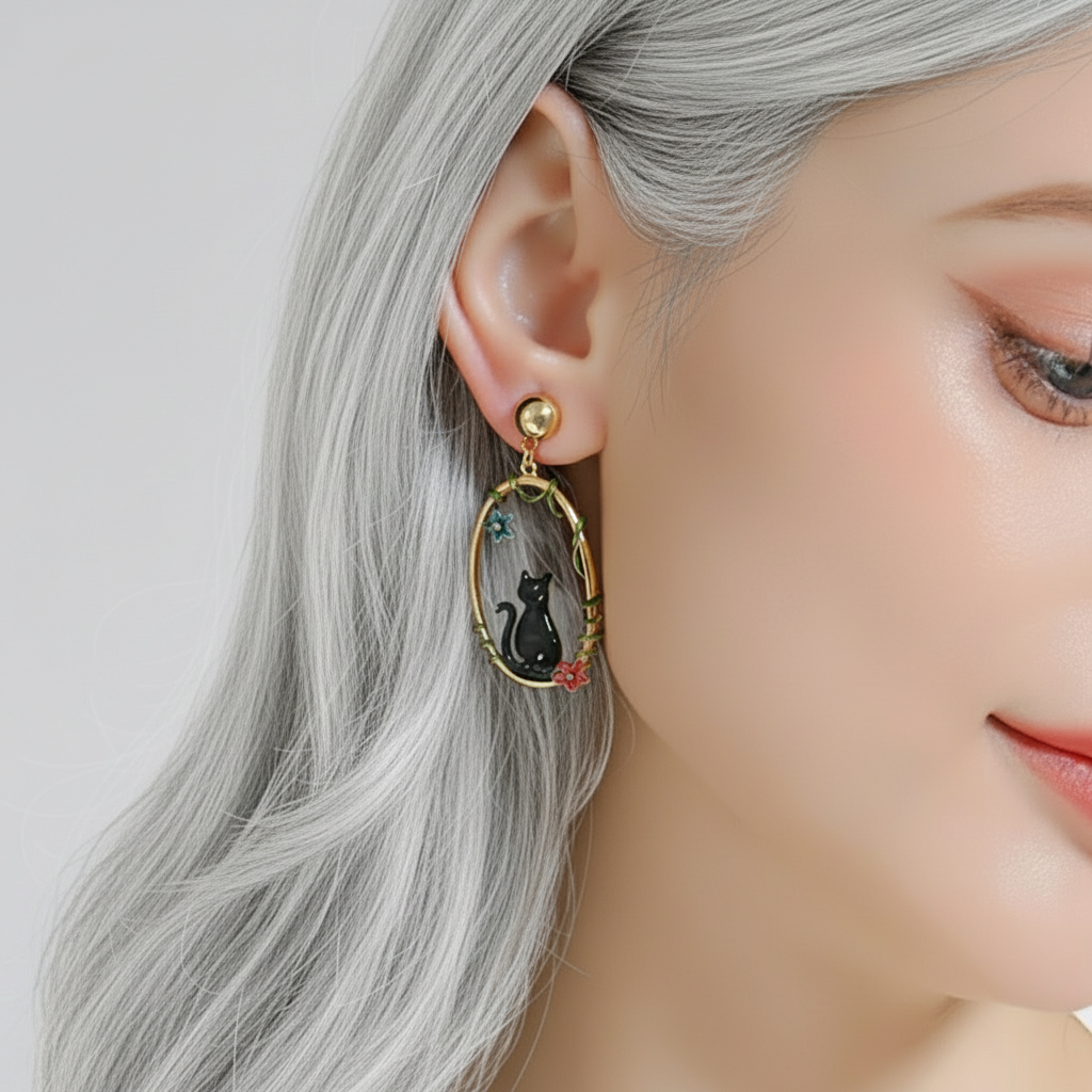 Enamel Diamond Black and White Cat Earrings-Evani Naomi Jewelry